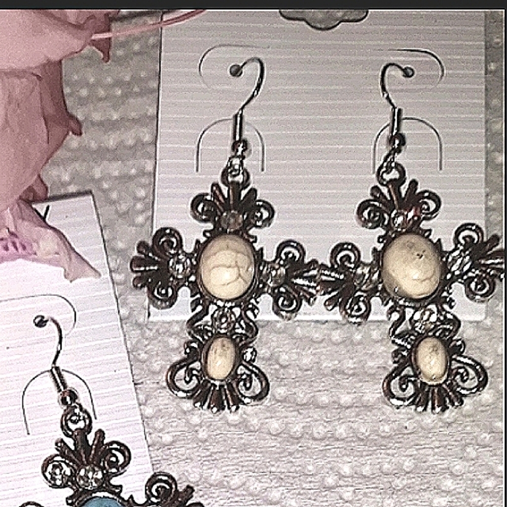 Silver Cross Earrings IVORY White semi-precious stones crackle beads.